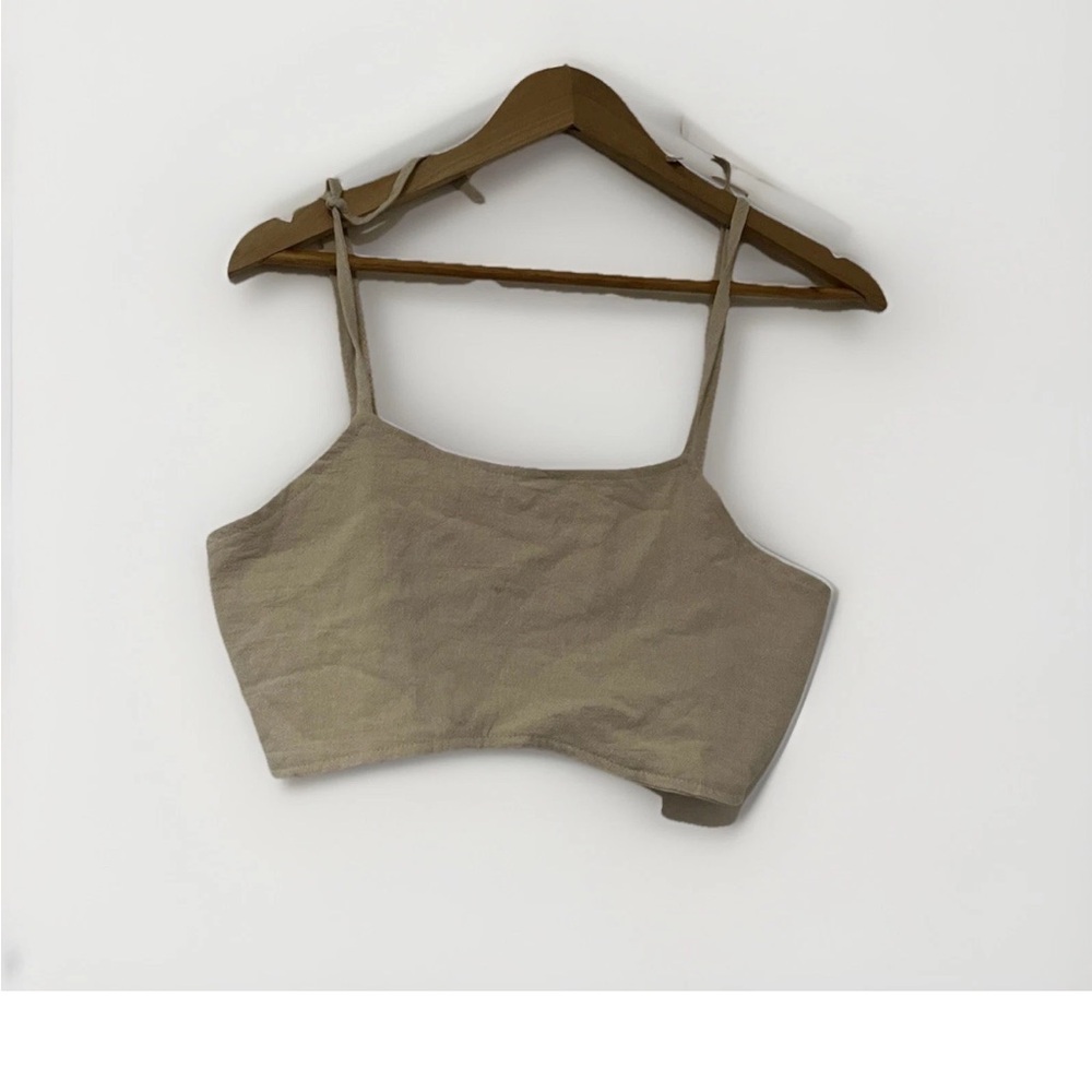 Women's Cropped Cami Tank Top Tan Beige Spaghetti Strap Square Neck small